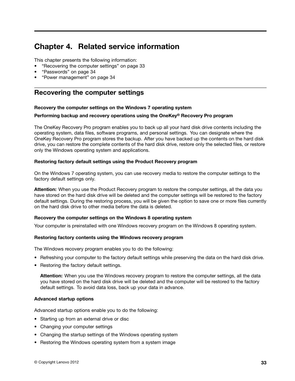 Chapter 4. related service information, Recovering the computer settings | Lenovo B580 Notebook User Manual | Page 39 / 104
