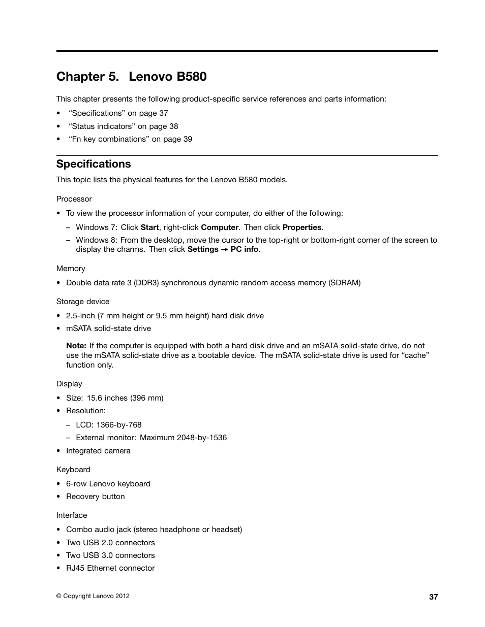 Chapter 5. lenovo b580, Specifications | Lenovo B580 Notebook User Manual | Page 43 / 104