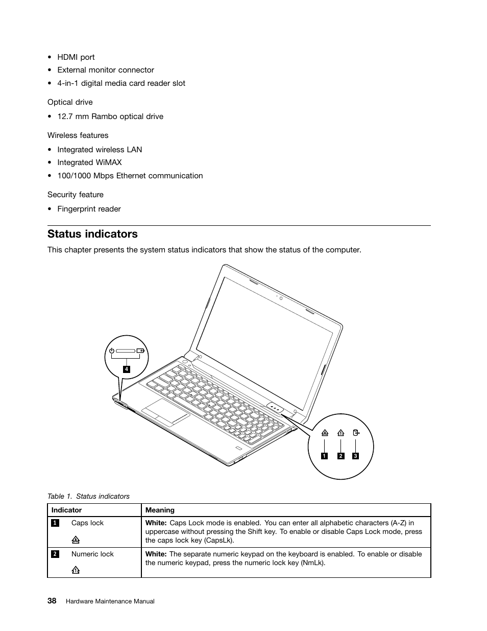 Status indicators | Lenovo B580 Notebook User Manual | Page 44 / 104