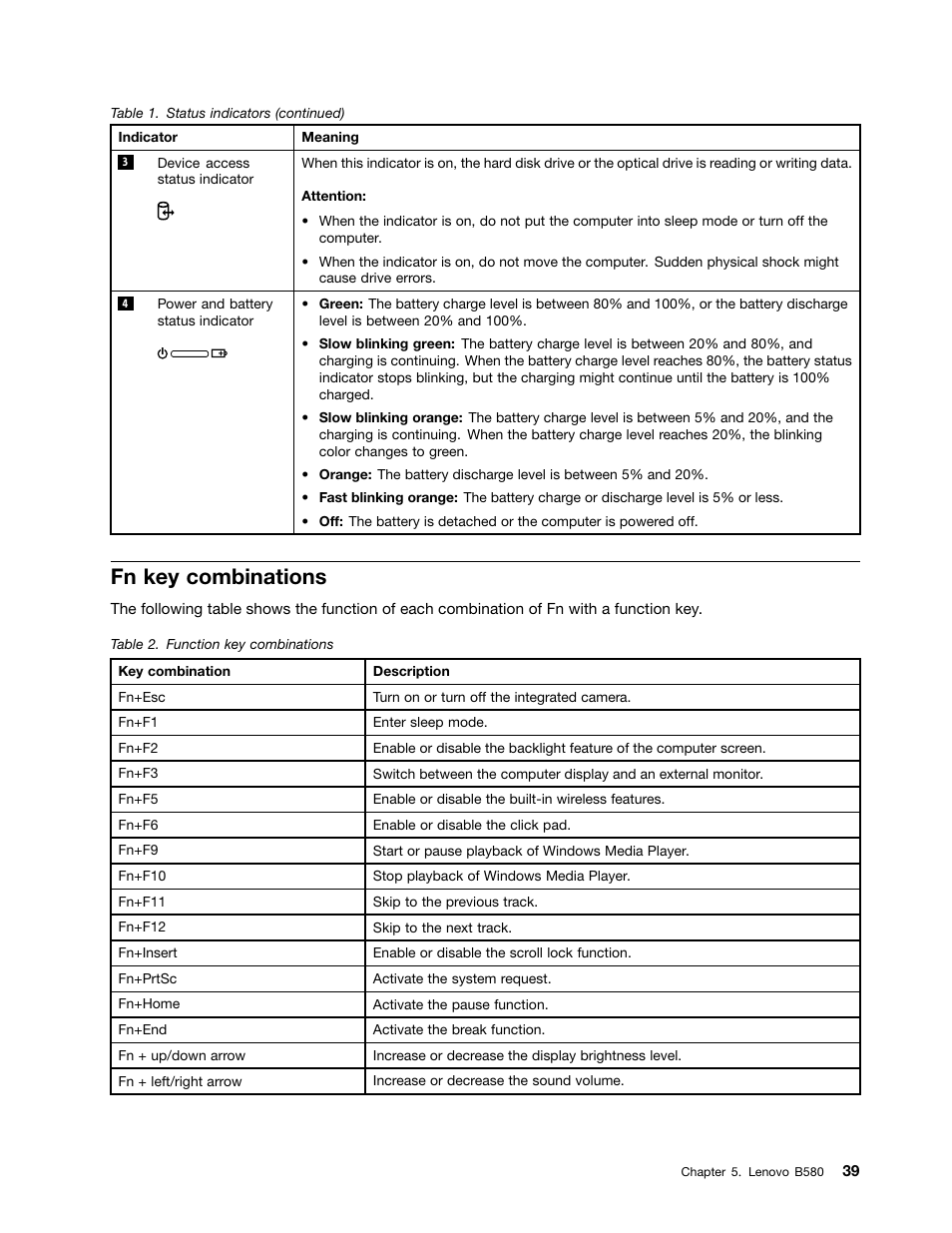 Fn key combinations | Lenovo B580 Notebook User Manual | Page 45 / 104