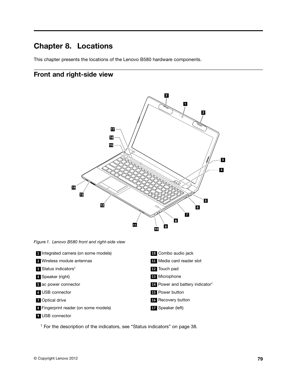 Chapter 8. locations, Front and right-side view | Lenovo B580 Notebook User Manual | Page 85 / 104