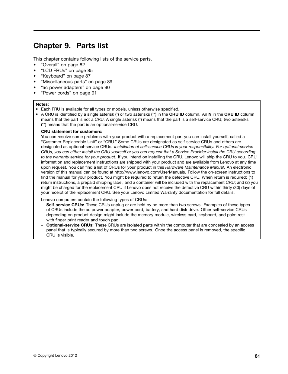 Chapter 9. parts list | Lenovo B580 Notebook User Manual | Page 87 / 104
