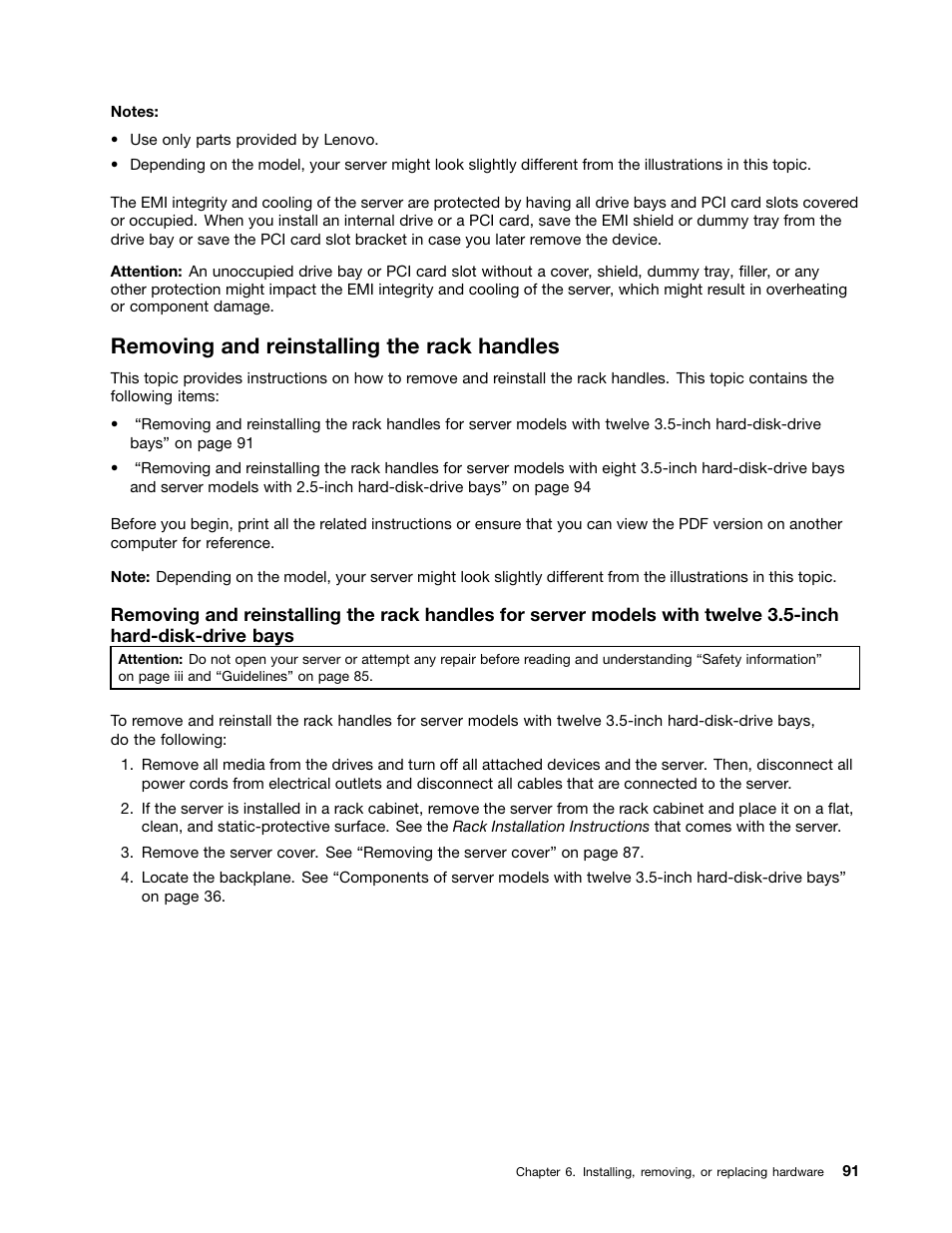 Removing and reinstalling the rack handles | Lenovo ThinkServer RD440 User Manual | Page 103 / 240