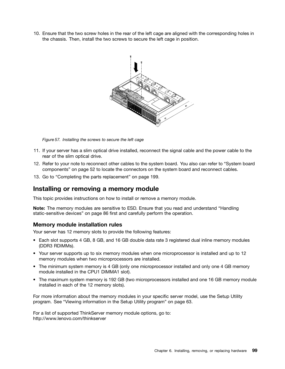 Installing or removing a memory module | Lenovo ThinkServer RD440 User Manual | Page 111 / 240
