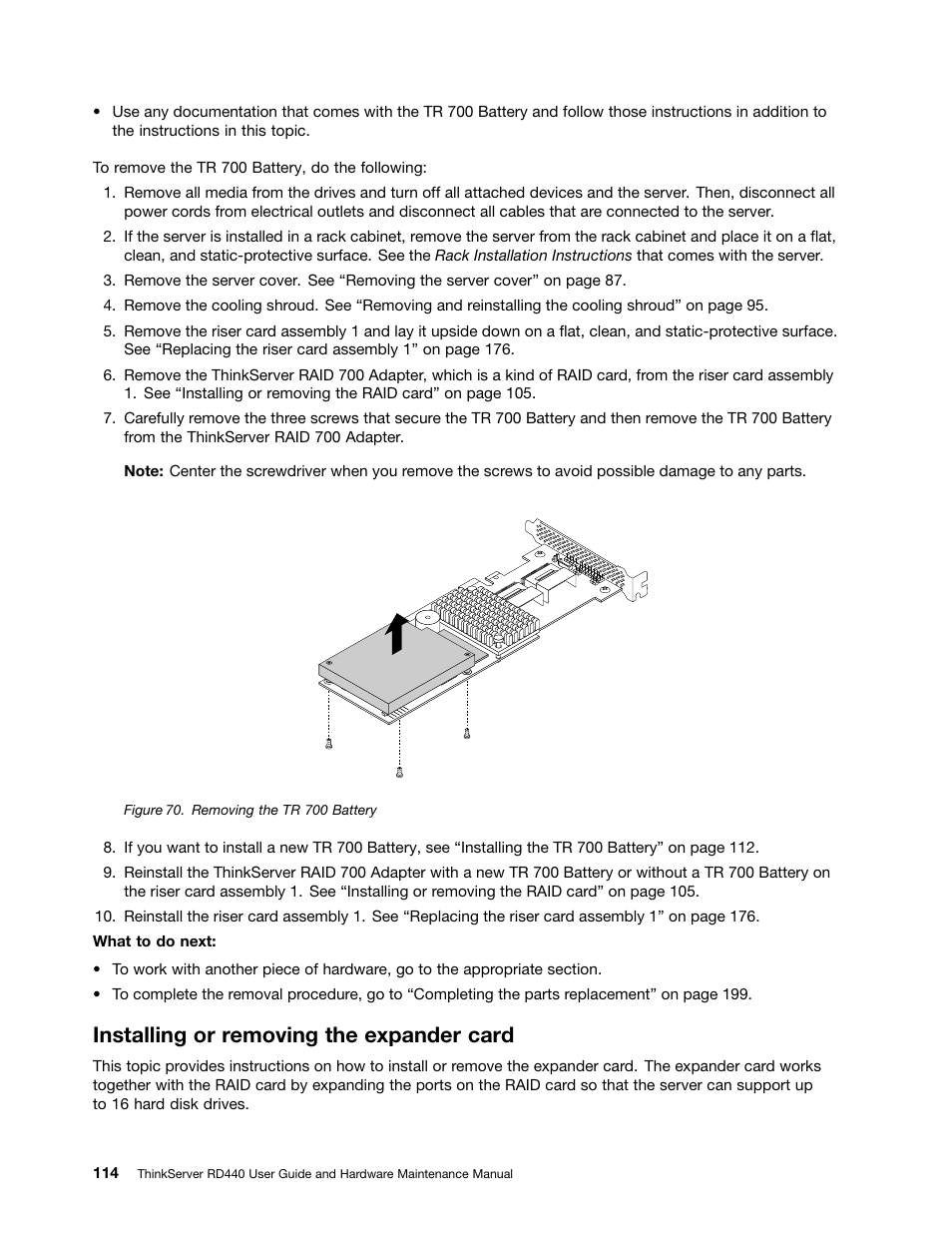 Installing or removing the expander card | Lenovo ThinkServer RD440 User Manual | Page 126 / 240