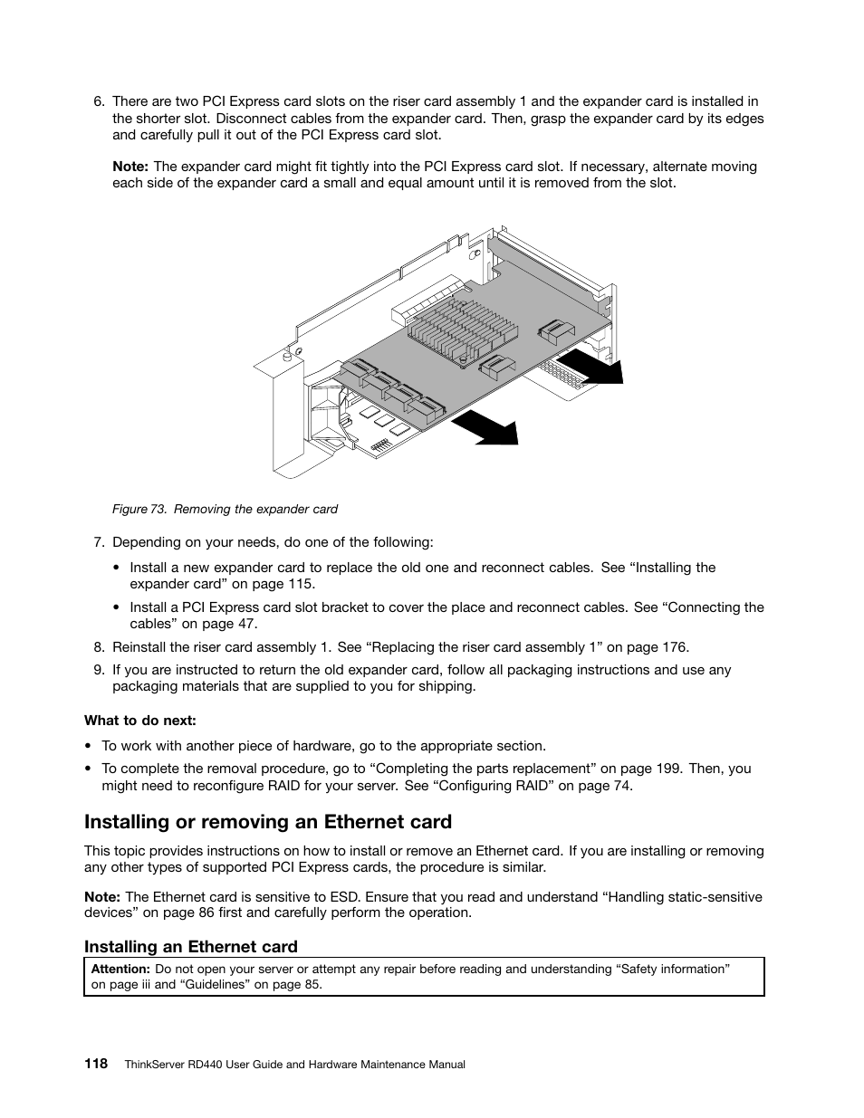 Installing or removing an ethernet card | Lenovo ThinkServer RD440 User Manual | Page 130 / 240