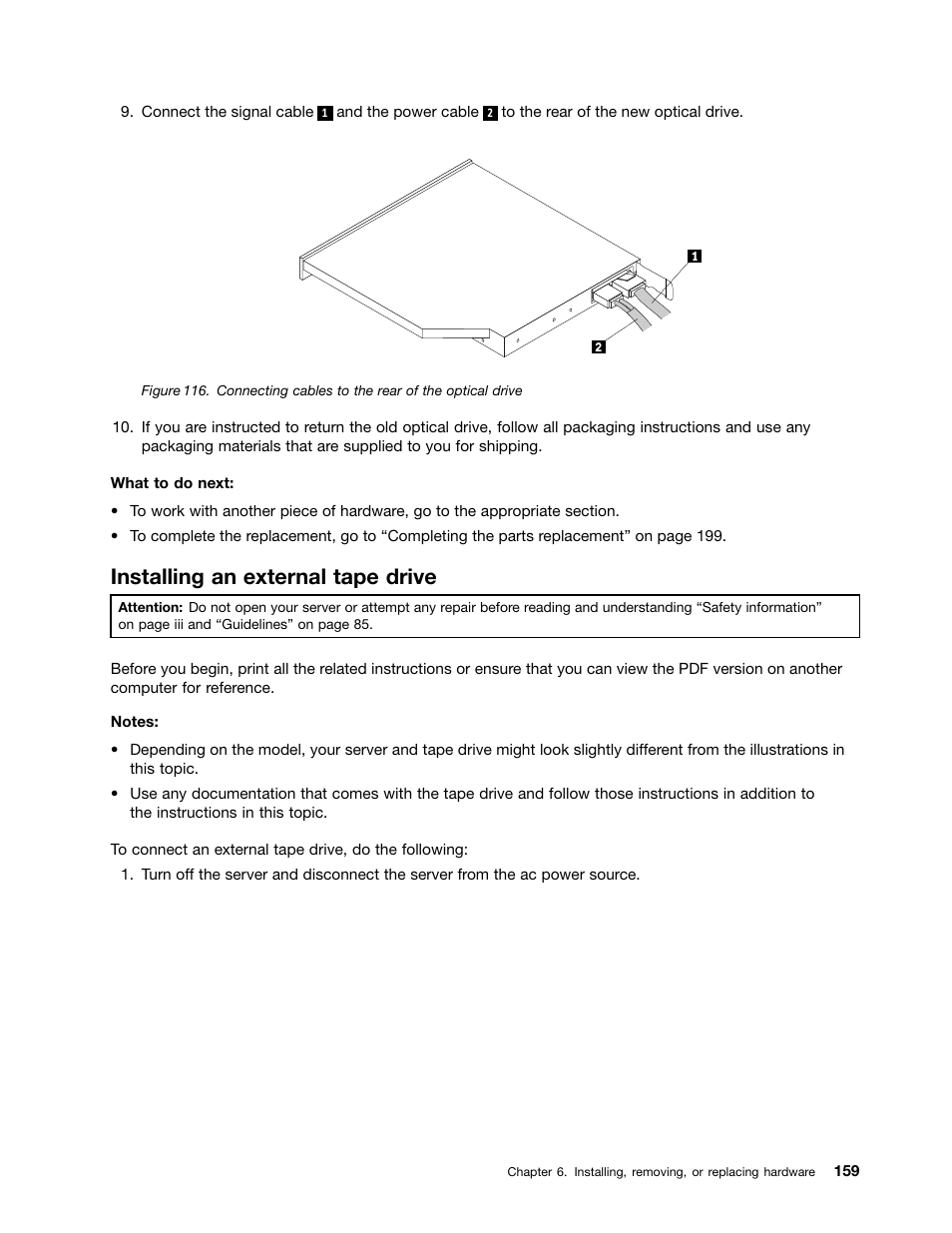 Installing an external tape drive | Lenovo ThinkServer RD440 User Manual | Page 171 / 240