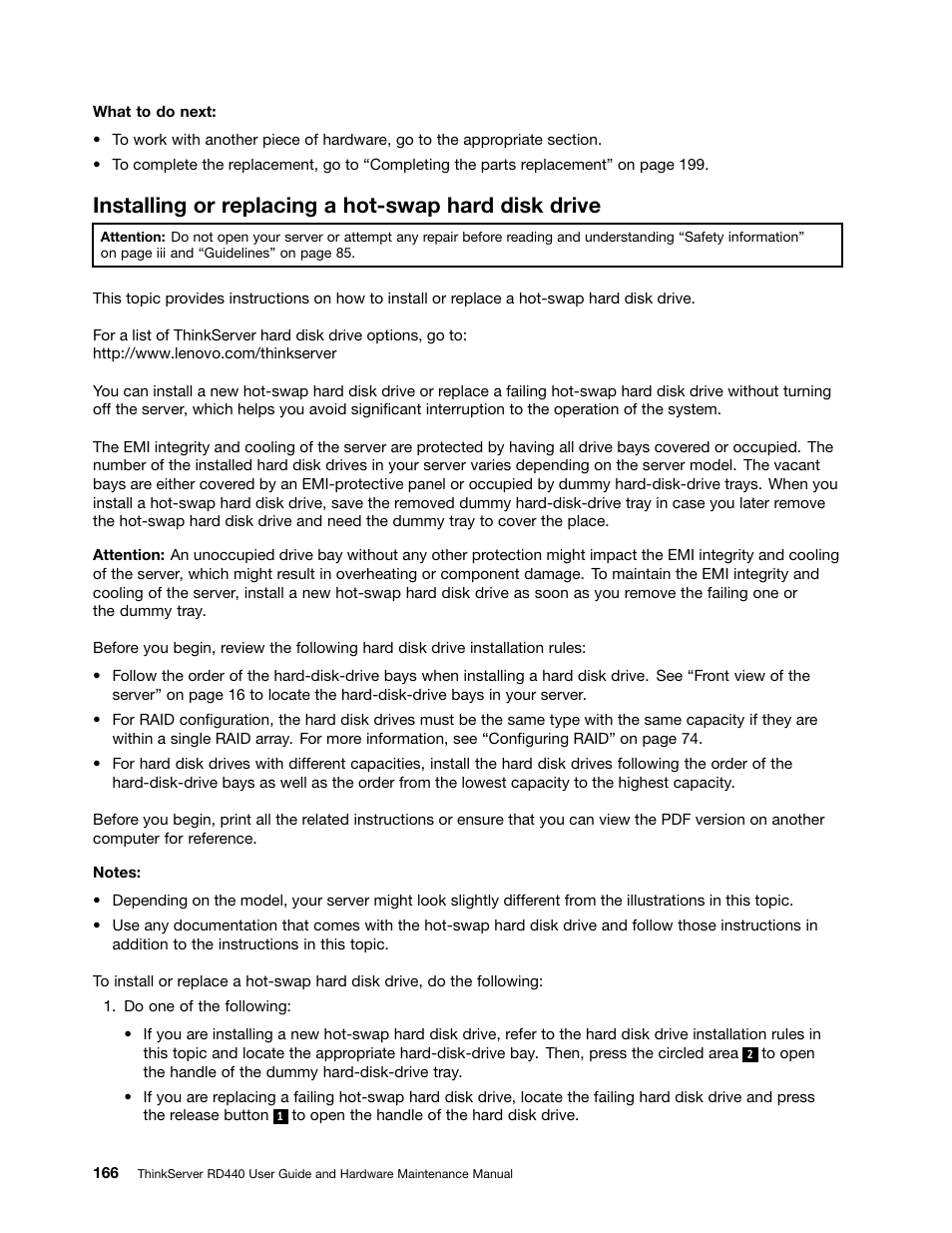 Installing or replacing a hot-swap hard disk drive | Lenovo ThinkServer RD440 User Manual | Page 178 / 240