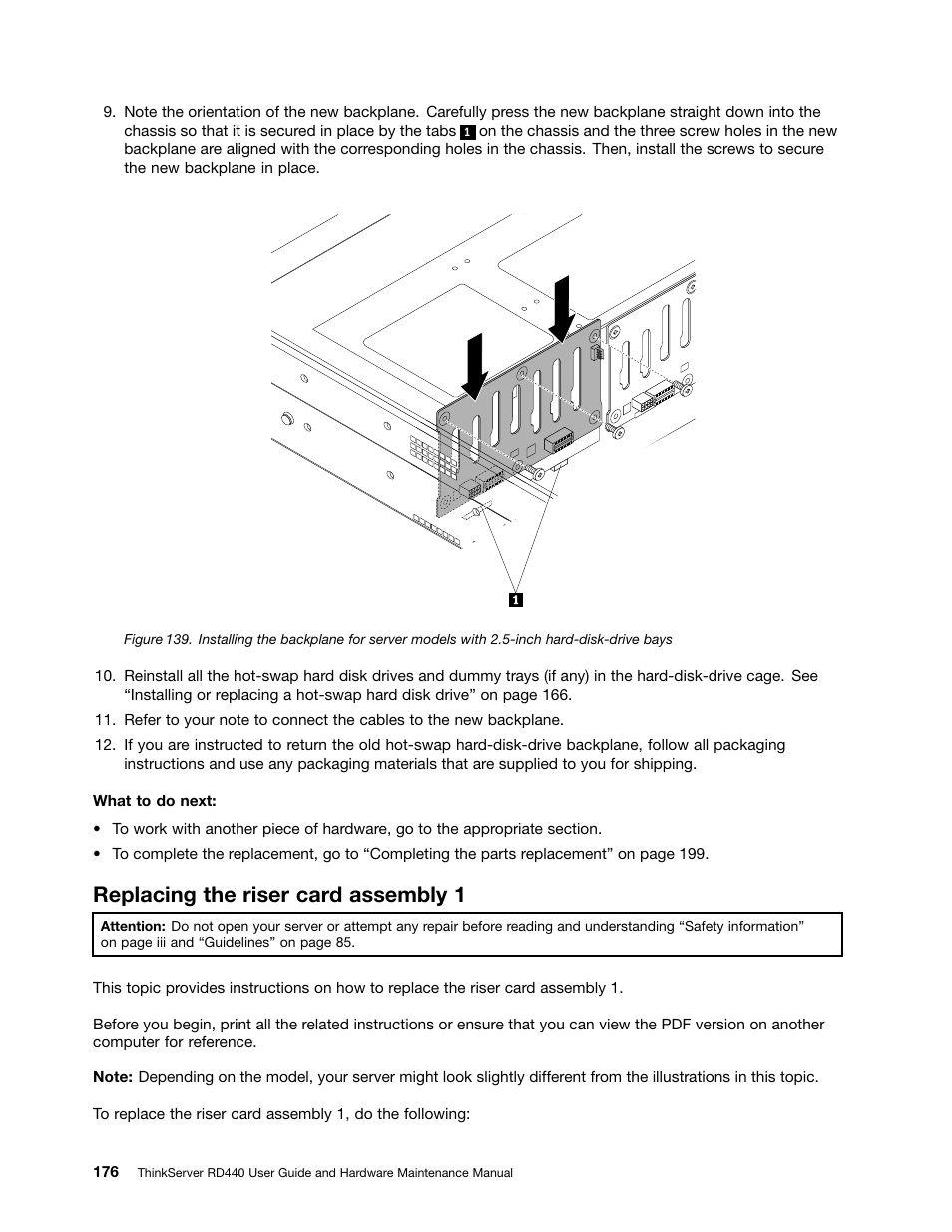 Replacing the riser card assembly 1, Replacing the riser card | Lenovo ThinkServer RD440 User Manual | Page 188 / 240