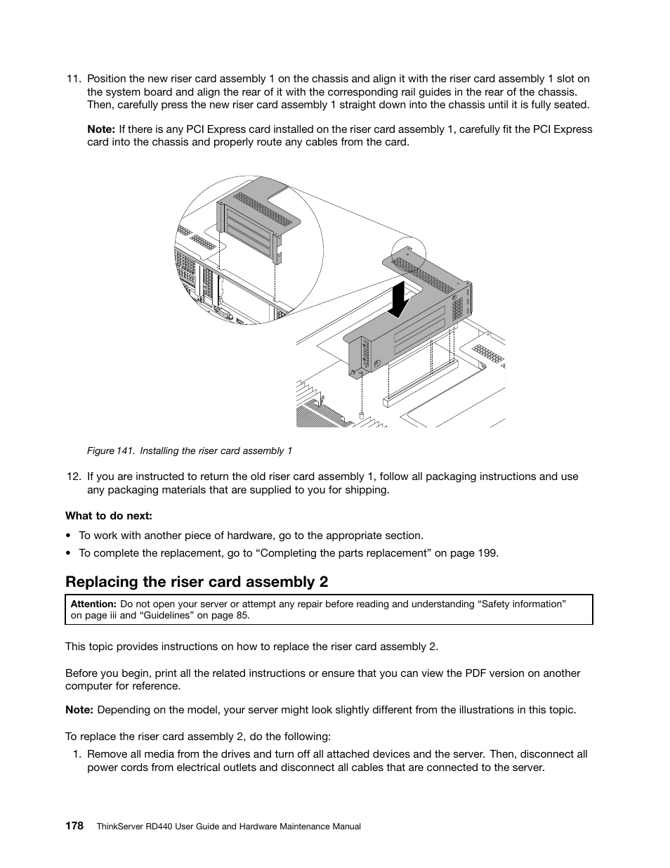 Replacing the riser card assembly 2, Replacing | Lenovo ThinkServer RD440 User Manual | Page 190 / 240