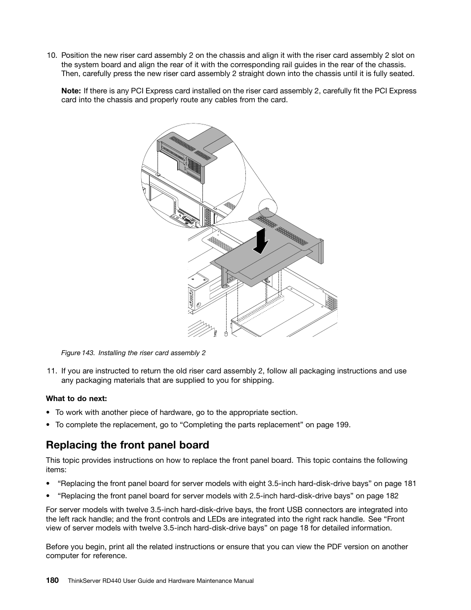 Replacing the front panel board | Lenovo ThinkServer RD440 User Manual | Page 192 / 240