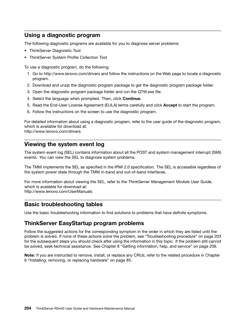 Using a diagnostic program, Viewing the system event log, Basic troubleshooting tables | Thinkserver easystartup program problems | Lenovo ThinkServer RD440 User Manual | Page 216 / 240