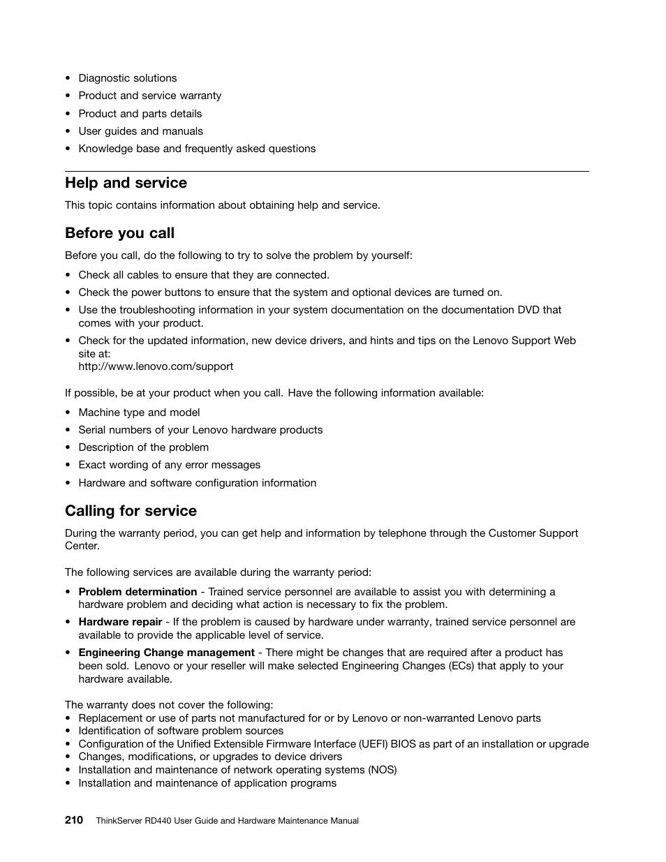 Help and service, Before you call, Calling for service | Lenovo ThinkServer RD440 User Manual | Page 222 / 240