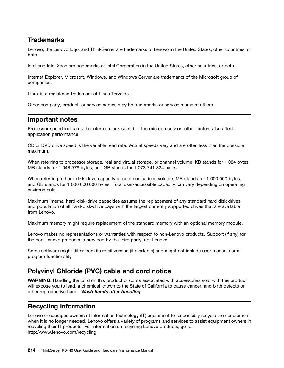 Trademarks, Important notes, Polyvinyl chloride (pvc) cable and cord notice | Recycling information | Lenovo ThinkServer RD440 User Manual | Page 226 / 240