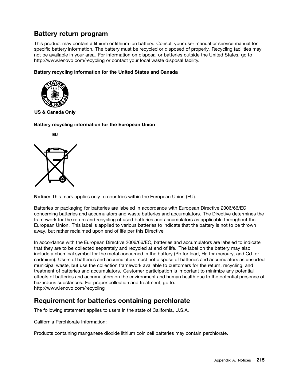 Battery return program, Requirement for batteries containing perchlorate | Lenovo ThinkServer RD440 User Manual | Page 227 / 240