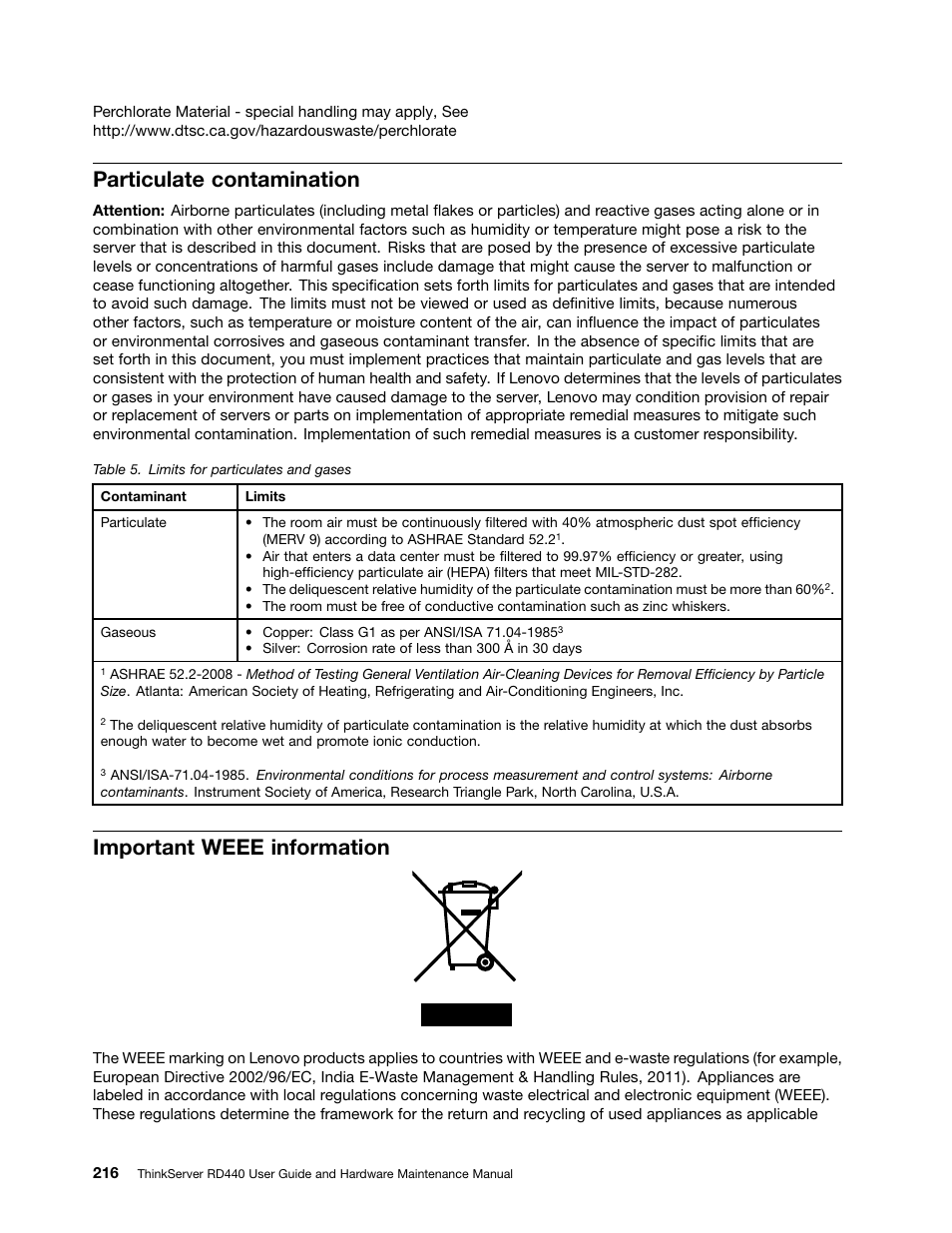 Particulate contamination, Important weee information | Lenovo ThinkServer RD440 User Manual | Page 228 / 240