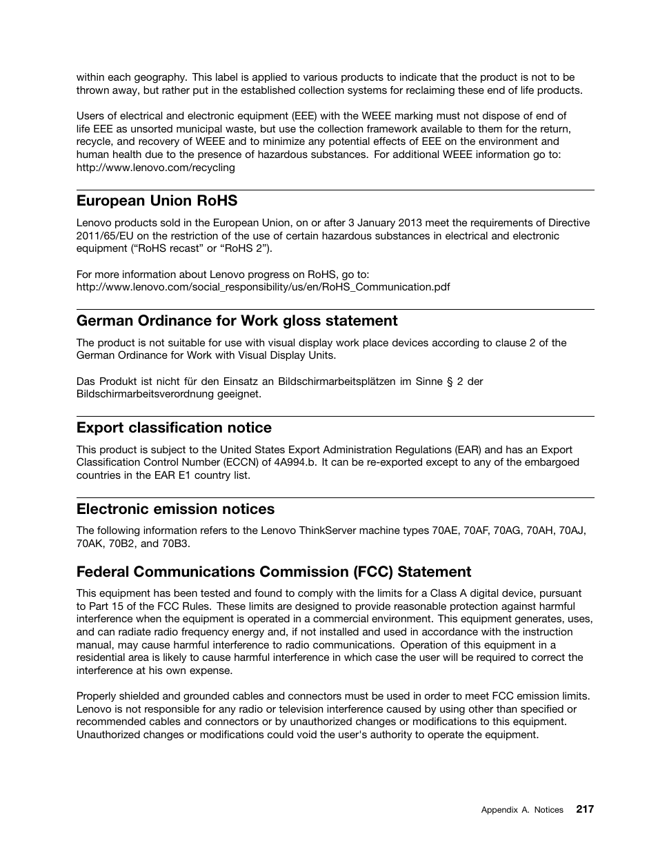 European union rohs, German ordinance for work gloss statement, Export classification notice | Electronic emission notices, Federal communications commission (fcc) statement | Lenovo ThinkServer RD440 User Manual | Page 229 / 240