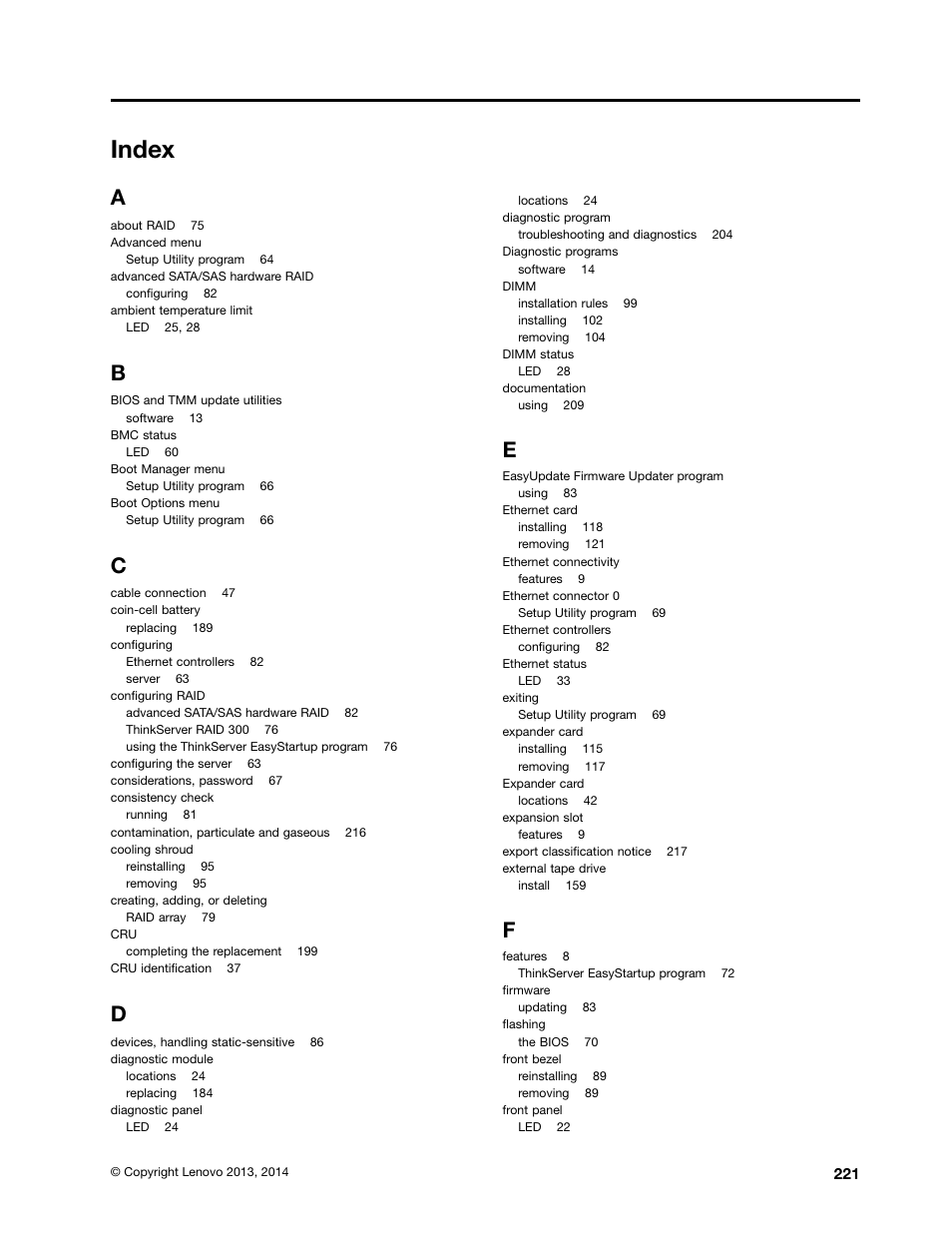 Index | Lenovo ThinkServer RD440 User Manual | Page 233 / 240