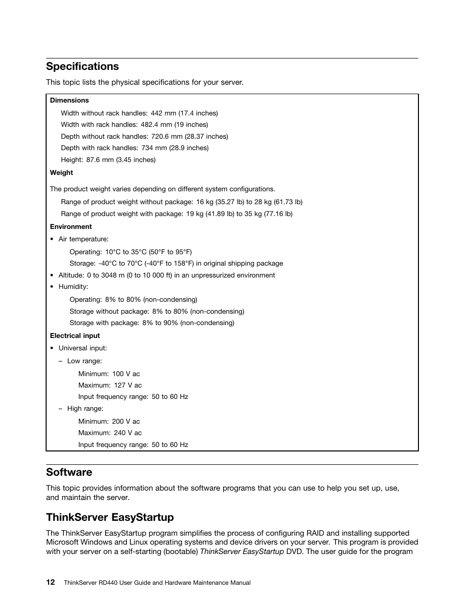 Specifications, Software, Thinkserver easystartup | Lenovo ThinkServer RD440 User Manual | Page 24 / 240