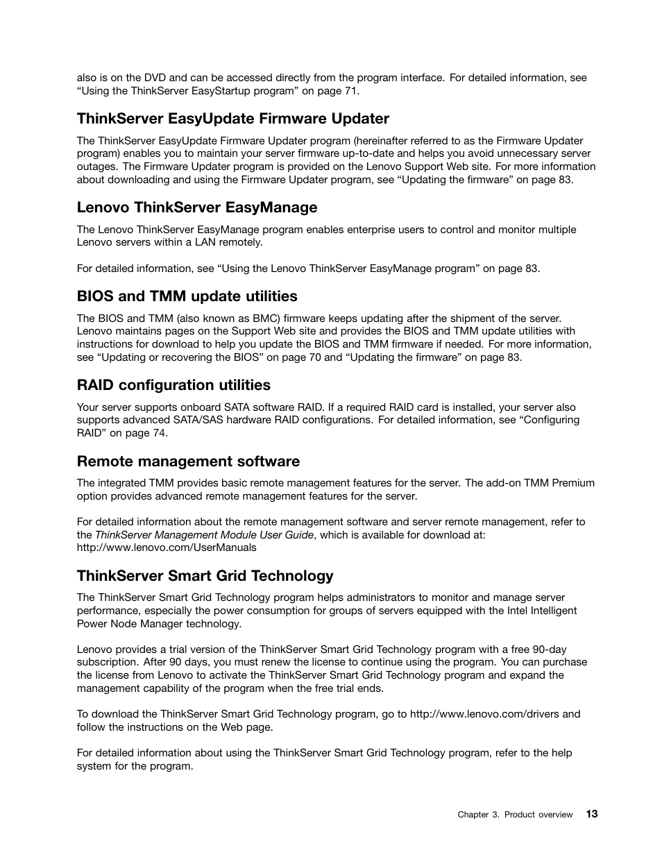 Thinkserver easyupdate firmware updater, Lenovo thinkserver easymanage, Bios and tmm update utilities | Raid configuration utilities, Remote management software, Thinkserver smart grid technology | Lenovo ThinkServer RD440 User Manual | Page 25 / 240