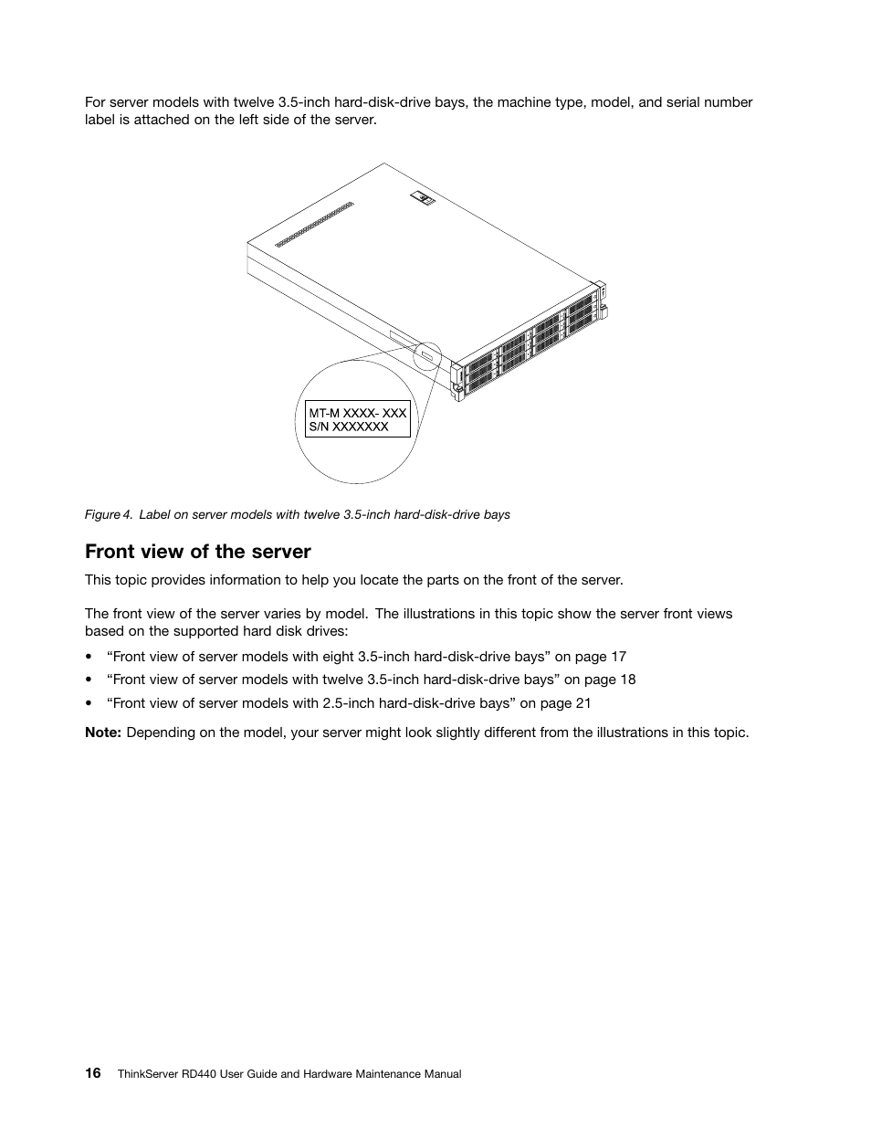 Front view of the server | Lenovo ThinkServer RD440 User Manual | Page 28 / 240