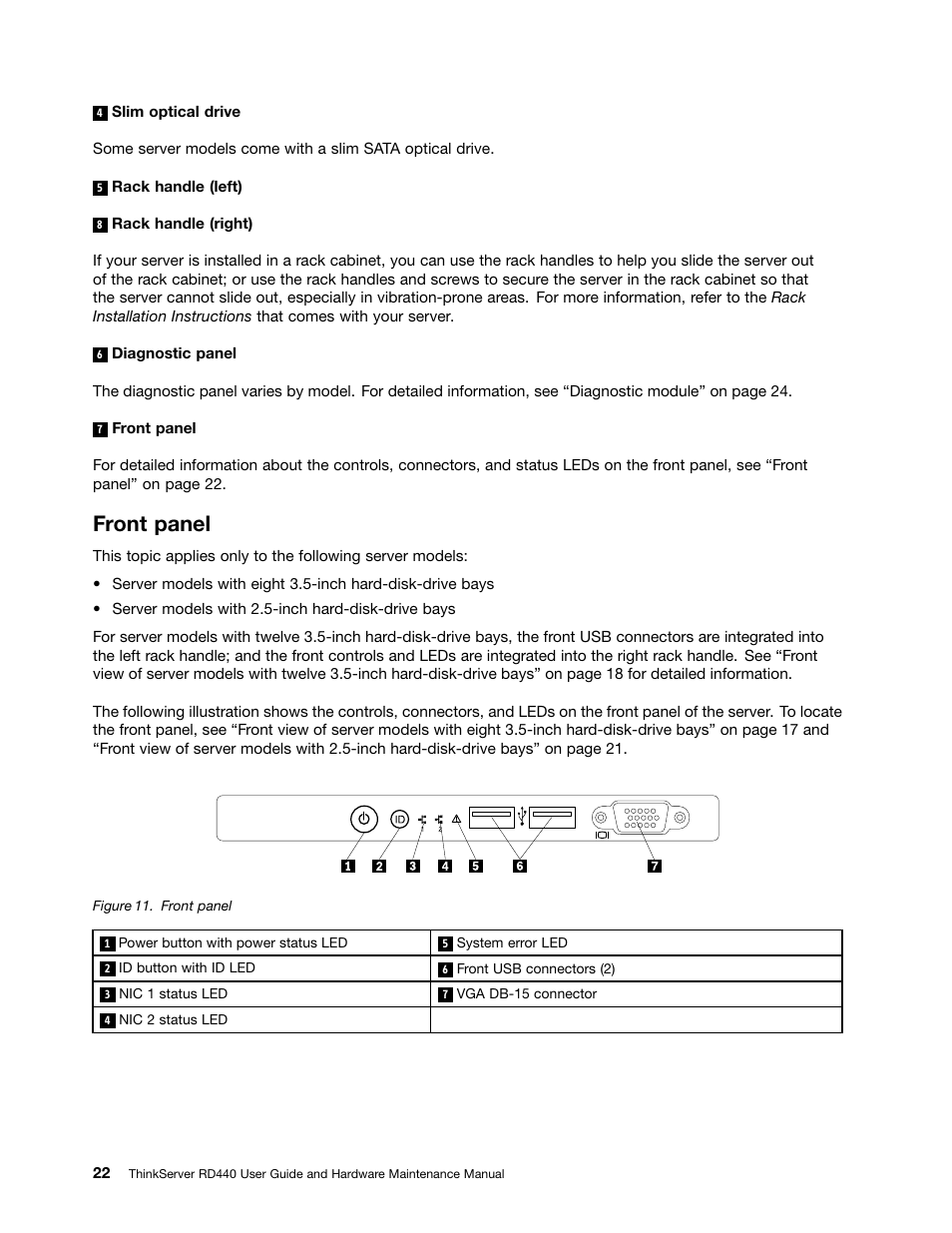 Front panel | Lenovo ThinkServer RD440 User Manual | Page 34 / 240