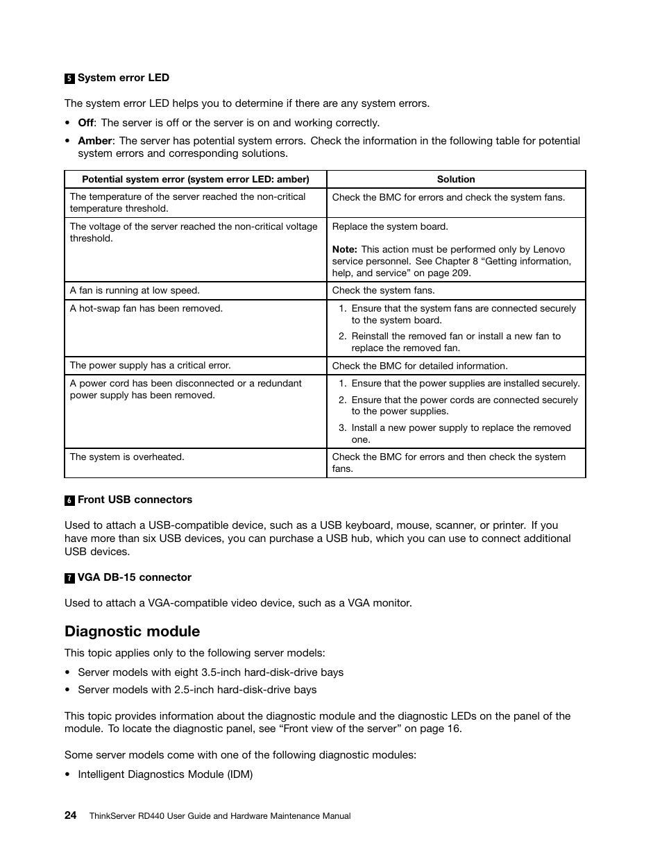 Diagnostic module | Lenovo ThinkServer RD440 User Manual | Page 36 / 240