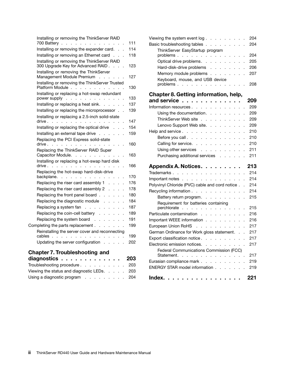 Chapter 7. troubleshooting and diagnostics, Chapter 8. getting information, help, and service, Appendix a. notices | Index | Lenovo ThinkServer RD440 User Manual | Page 4 / 240