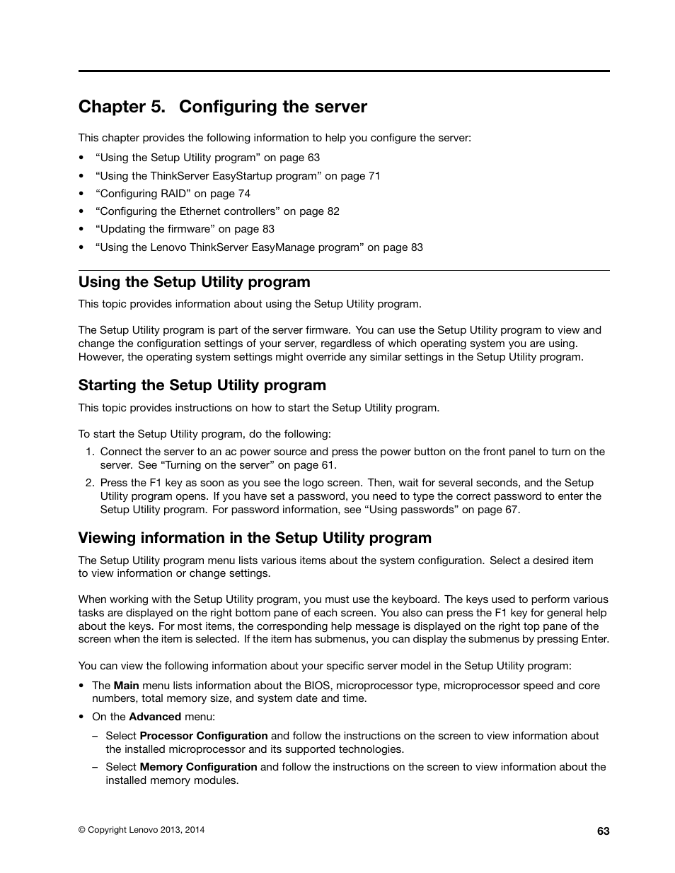 Chapter 5. configuring the server, Using the setup utility program, Starting the setup utility program | Viewing information in the setup utility program | Lenovo ThinkServer RD440 User Manual | Page 75 / 240