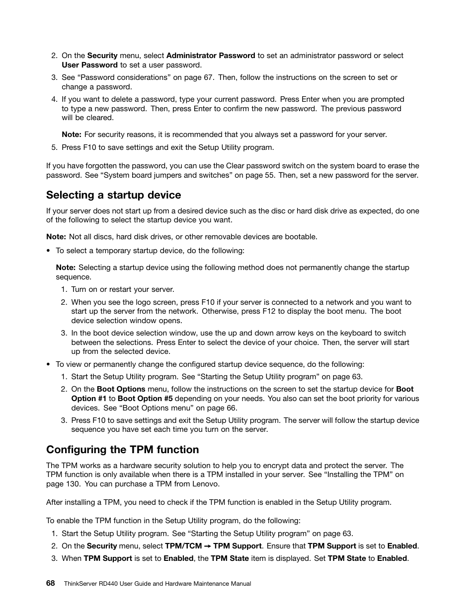 Selecting a startup device, Configuring the tpm function | Lenovo ThinkServer RD440 User Manual | Page 80 / 240