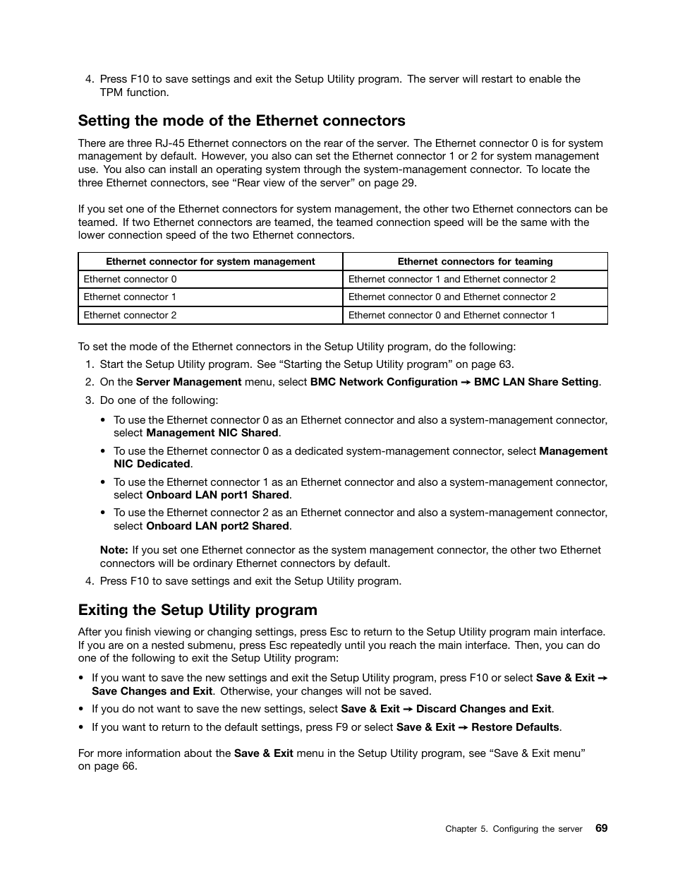 Setting the mode of the ethernet connectors, Exiting the setup utility program | Lenovo ThinkServer RD440 User Manual | Page 81 / 240