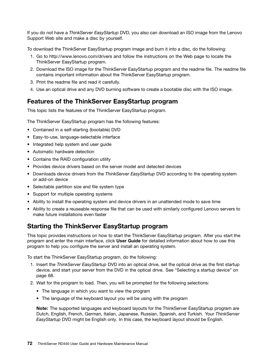 Features of the thinkserver easystartup program, Starting the thinkserver easystartup program | Lenovo ThinkServer RD440 User Manual | Page 84 / 240