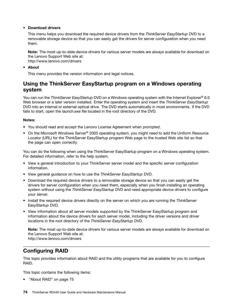 Configuring raid | Lenovo ThinkServer RD440 User Manual | Page 86 / 240