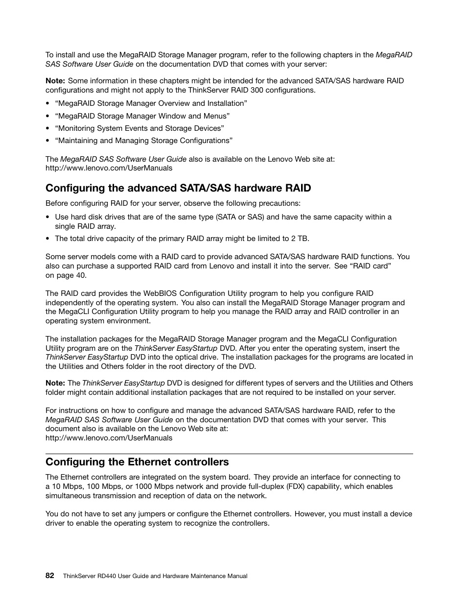 Configuring the advanced sata/sas hardware raid, Configuring the ethernet controllers | Lenovo ThinkServer RD440 User Manual | Page 94 / 240