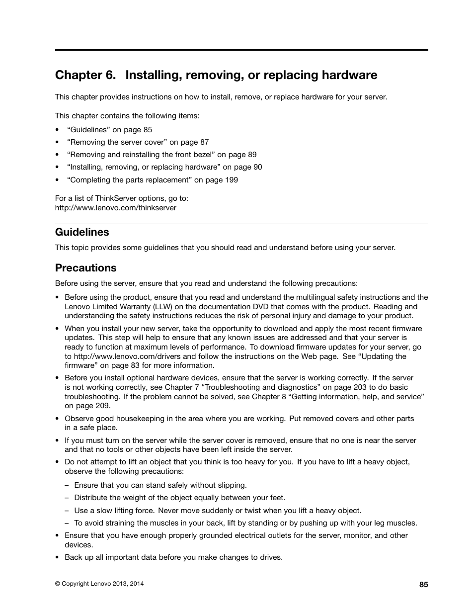 Guidelines, Precautions, Chapter 6 “installing, removing | Lenovo ThinkServer RD440 User Manual | Page 97 / 240