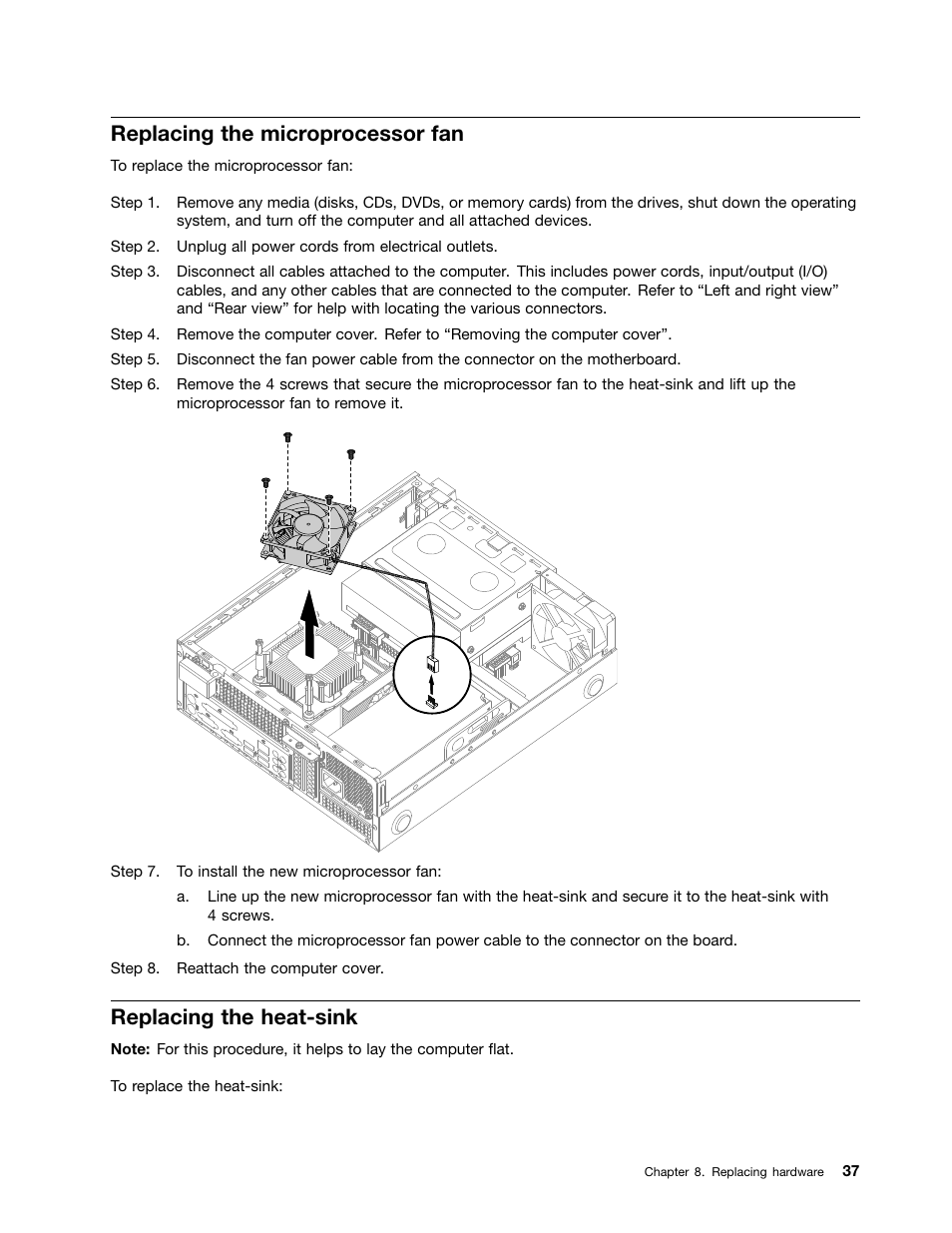 Replacing the microprocessor fan, Replacing the heat-sink | Lenovo H505s Desktop User Manual | Page 43 / 49