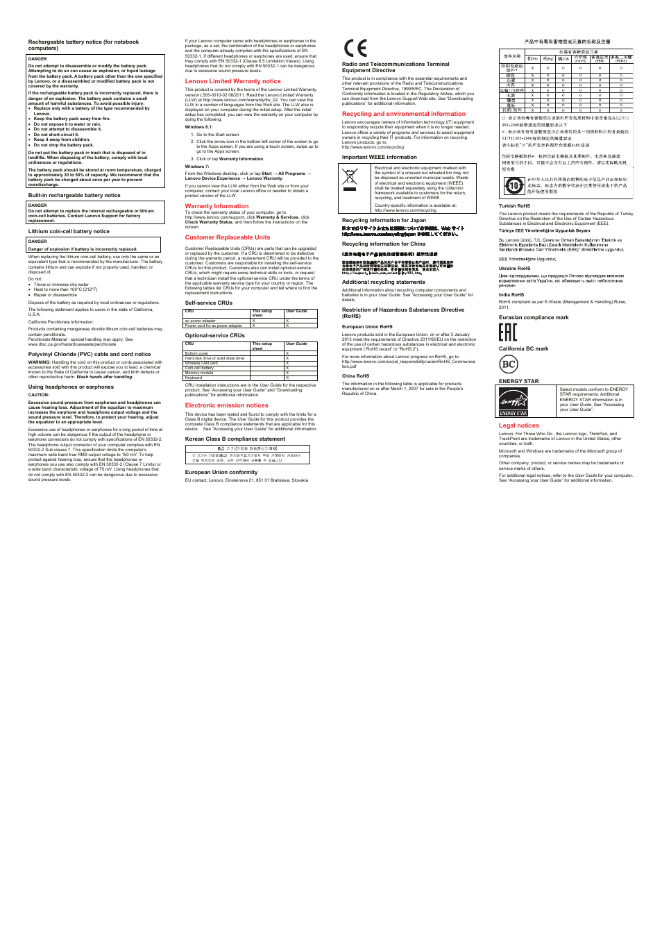 Built-in rechargeable battery notice, Lithium coin-cell battery notice, Polyvinyl chloride (pvc) cable and cord notice | Using headphones or earphones, Lenovo limited warranty notice, Warranty information, Customer replaceable units, Self-service crus, Optional-service crus, Electronic emission notices | Lenovo ThinkPad 11e User Manual | Page 2 / 2