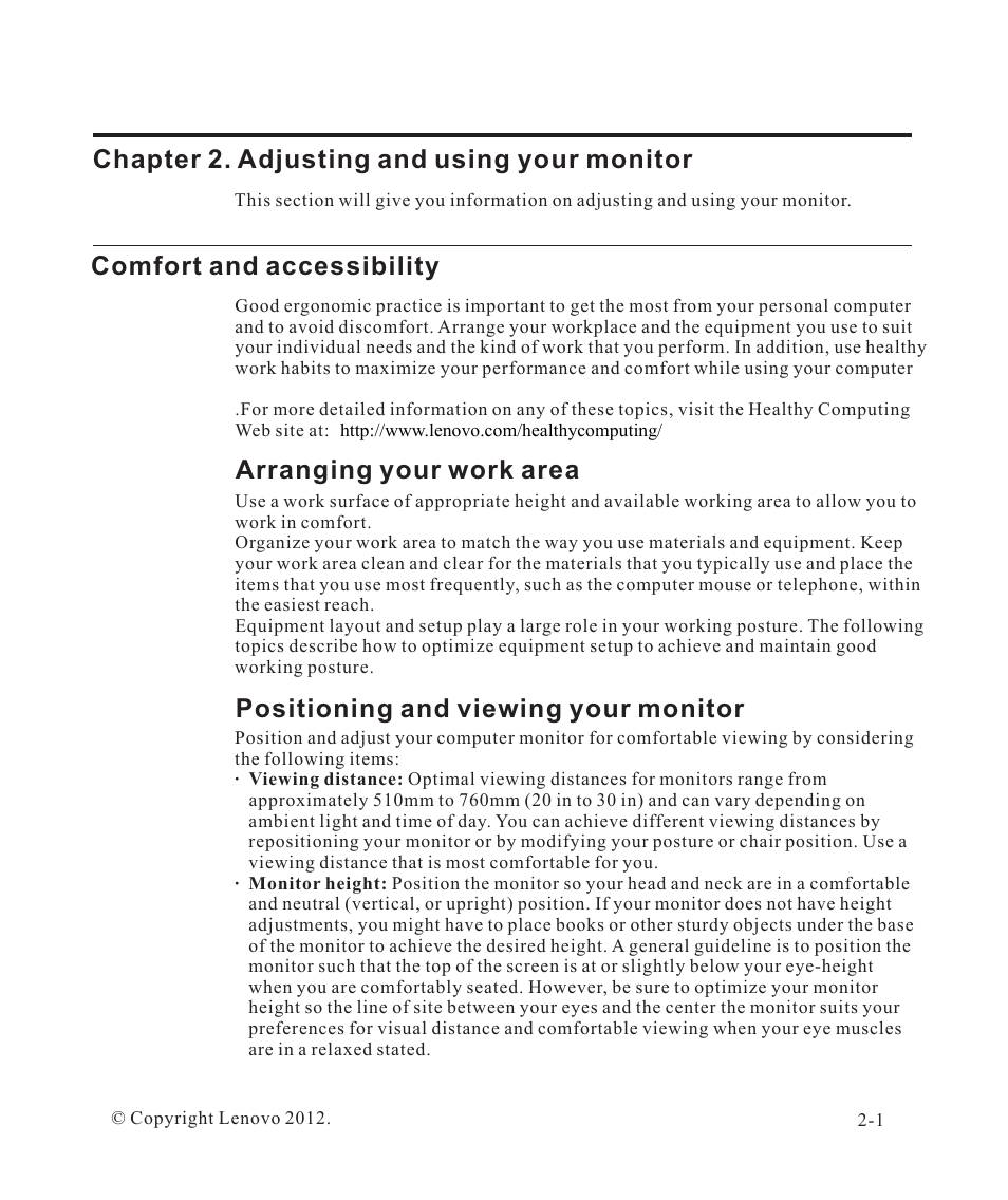 Chapter 2. adjusting and using your monitor, Comfort and accessibility, Arranging your work area | Positioning and viewing your monitor | Lenovo ThinkVision LT2223p 21.5in LCD Monitor User Manual | Page 14 / 41