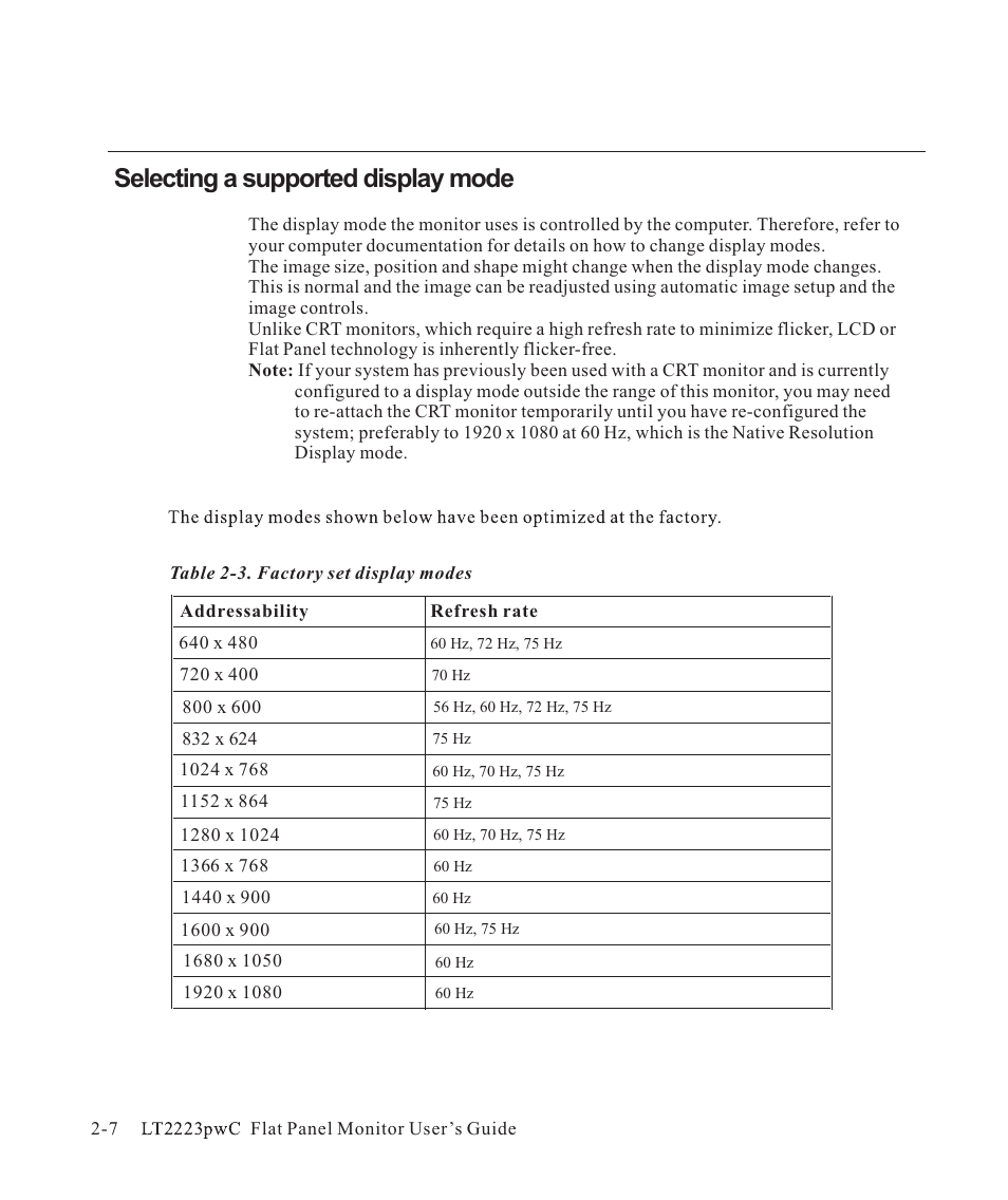 Selecting a supported display mode | Lenovo ThinkVision LT2223p 21.5in LCD Monitor User Manual | Page 20 / 41