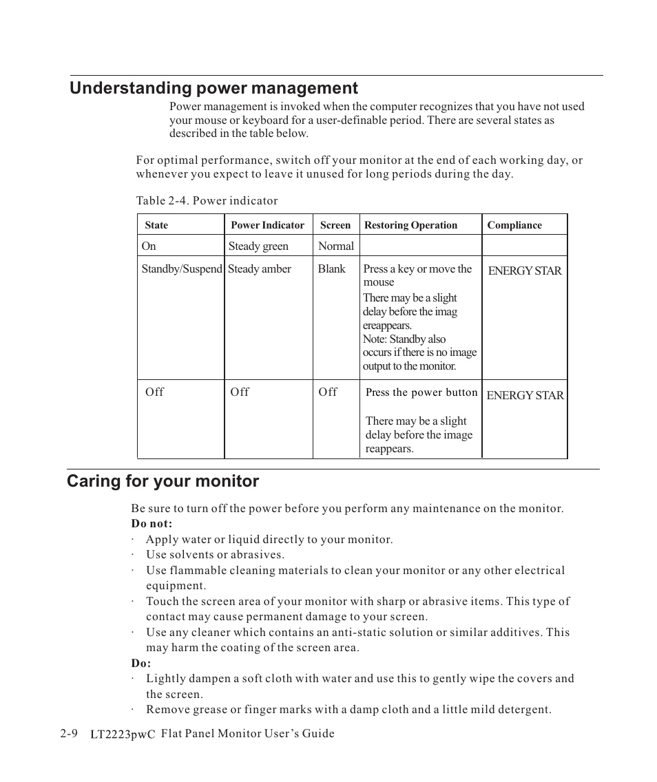 Understanding power management, Caring for your monitor | Lenovo ThinkVision LT2223p 21.5in LCD Monitor User Manual | Page 22 / 41