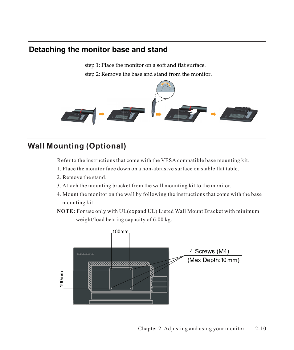 Detaching the monitor base and stand, Wall mounting (optional) | Lenovo ThinkVision LT2223p 21.5in LCD Monitor User Manual | Page 23 / 41