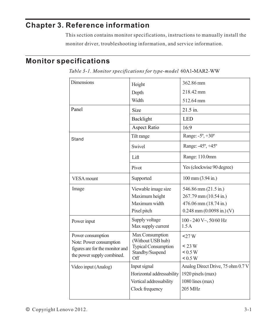 Chapter 3. reference information, Monitor specifications | Lenovo ThinkVision LT2223p 21.5in LCD Monitor User Manual | Page 24 / 41