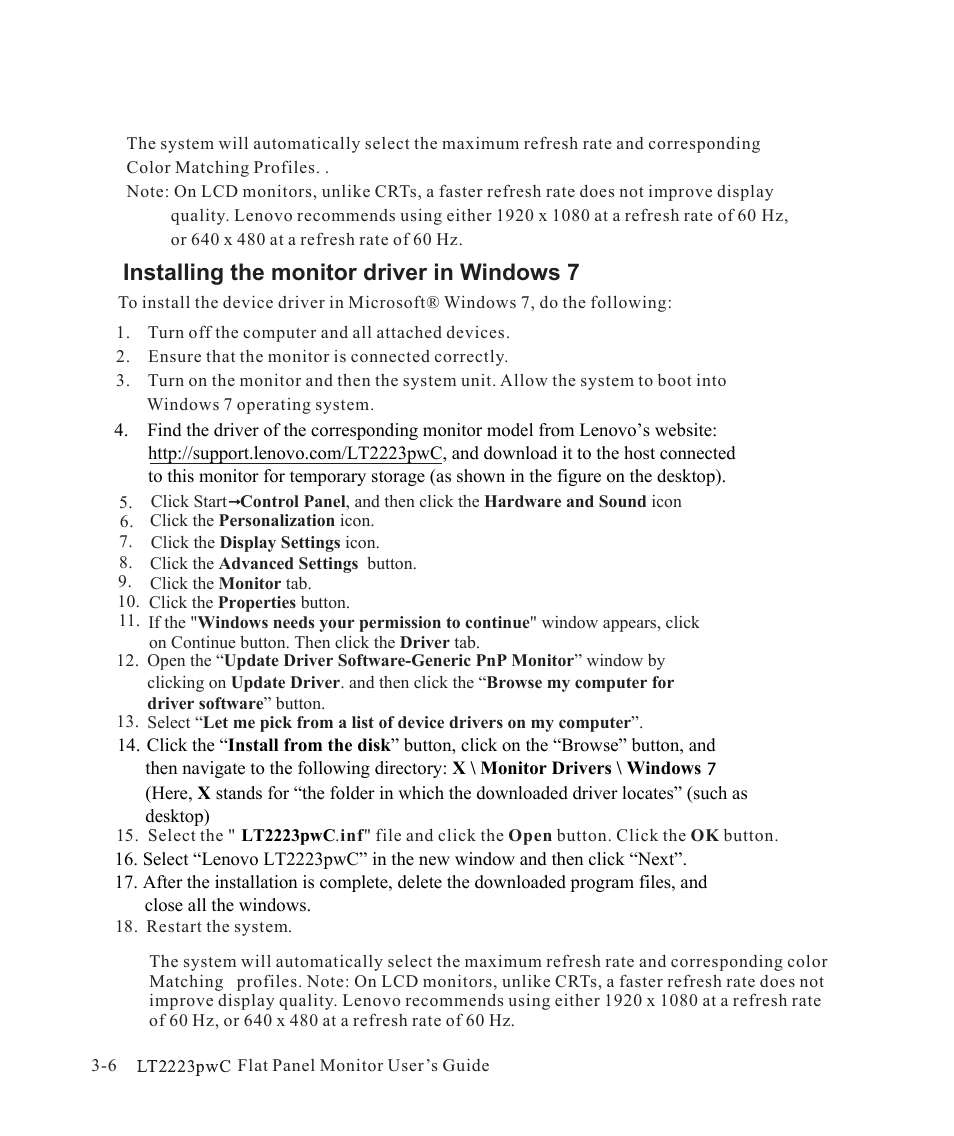 Installing the monitor driver in windows 7 | Lenovo ThinkVision LT2223p 21.5in LCD Monitor User Manual | Page 29 / 41