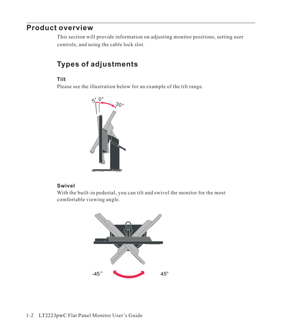 Product overview, Types of adjustments | Lenovo ThinkVision LT2223p 21.5in LCD Monitor User Manual | Page 6 / 41