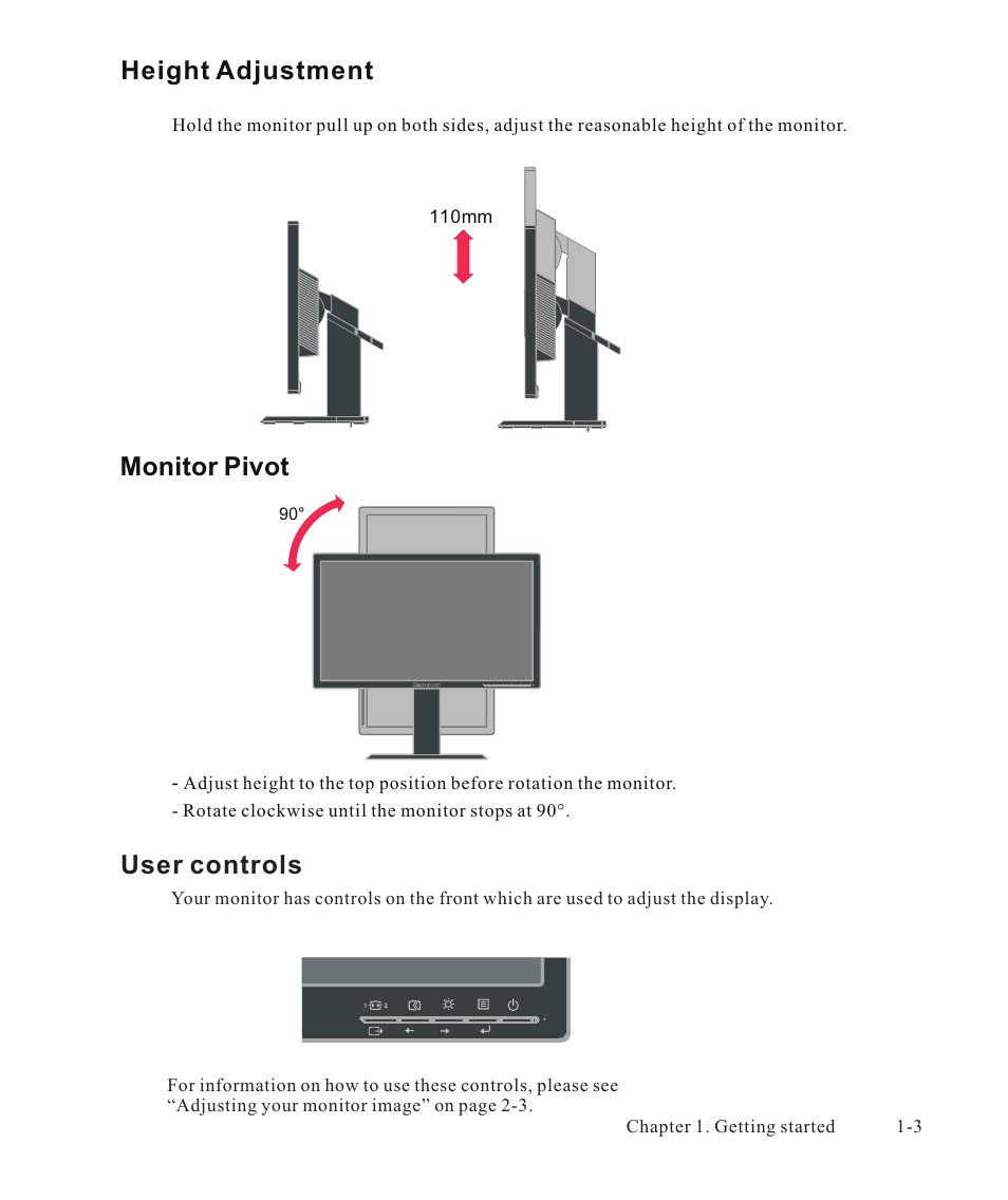 Height adjustment, Monitor pivot, User controls | Lenovo ThinkVision LT2223p 21.5in LCD Monitor User Manual | Page 7 / 41