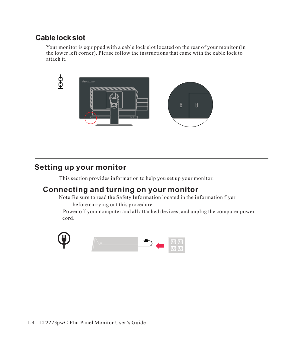 Cable lock slot, Setting up your monitor, Connecting and turning on your monitor | Lenovo ThinkVision LT2223p 21.5in LCD Monitor User Manual | Page 8 / 41