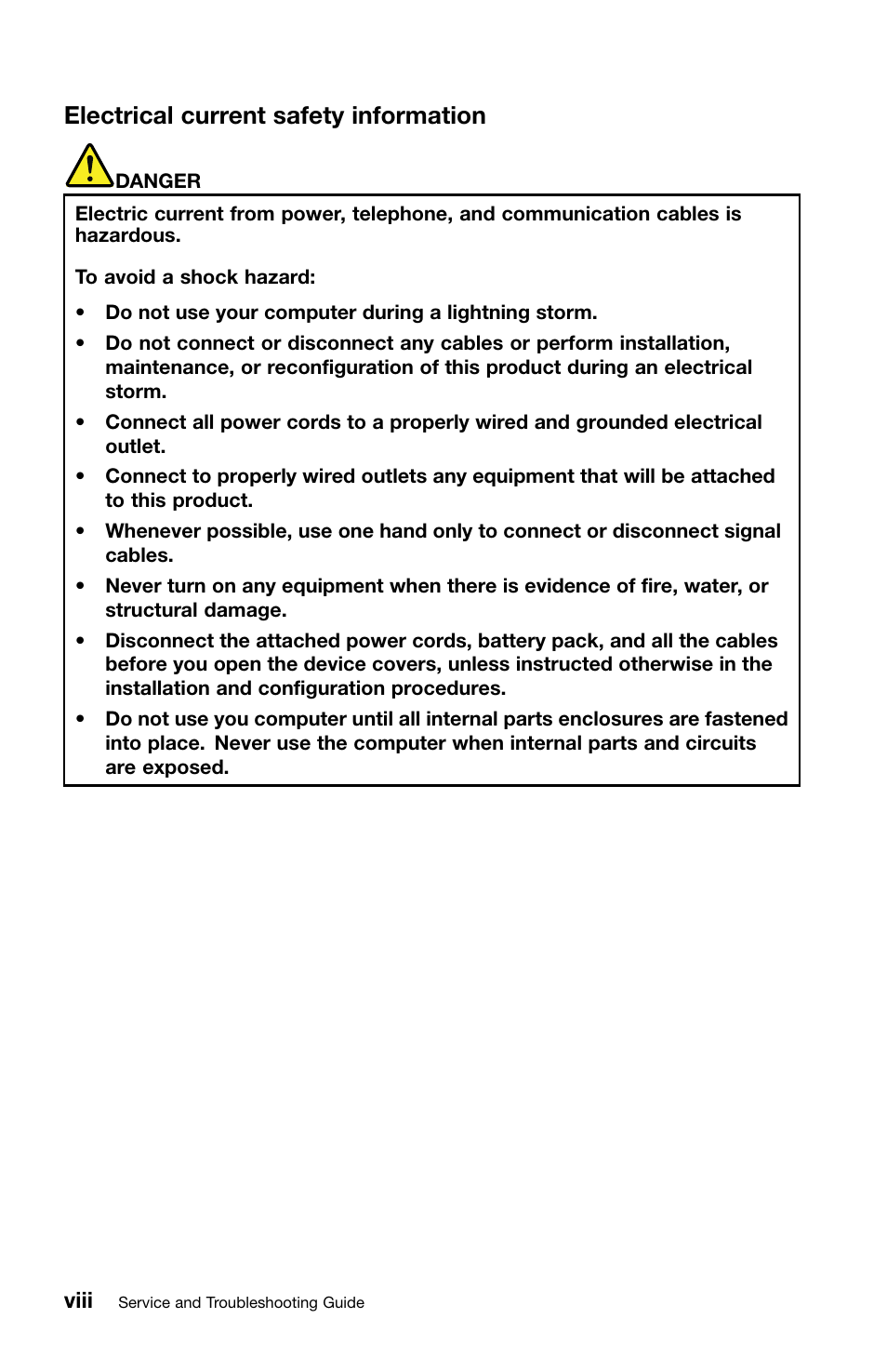 Electrical current safety information, Viii | Lenovo ThinkPad Edge E50 User Manual | Page 10 / 40
