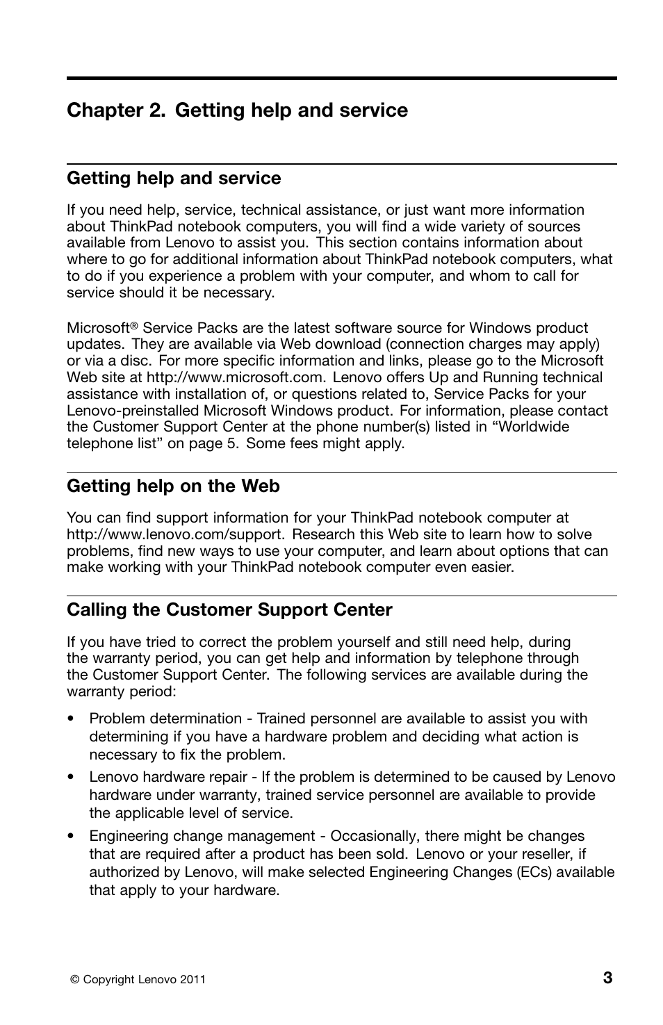 Chapter 2. getting help and service, Getting help and service, Getting help on the web | Calling the customer support center | Lenovo ThinkPad Edge E50 User Manual | Page 15 / 40