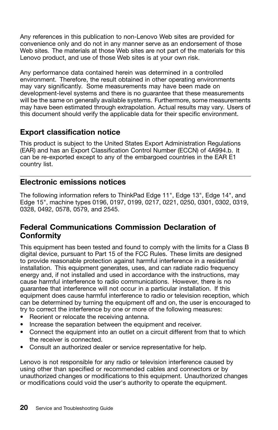 Export classification notice, Electronic emissions notices | Lenovo ThinkPad Edge E50 User Manual | Page 32 / 40