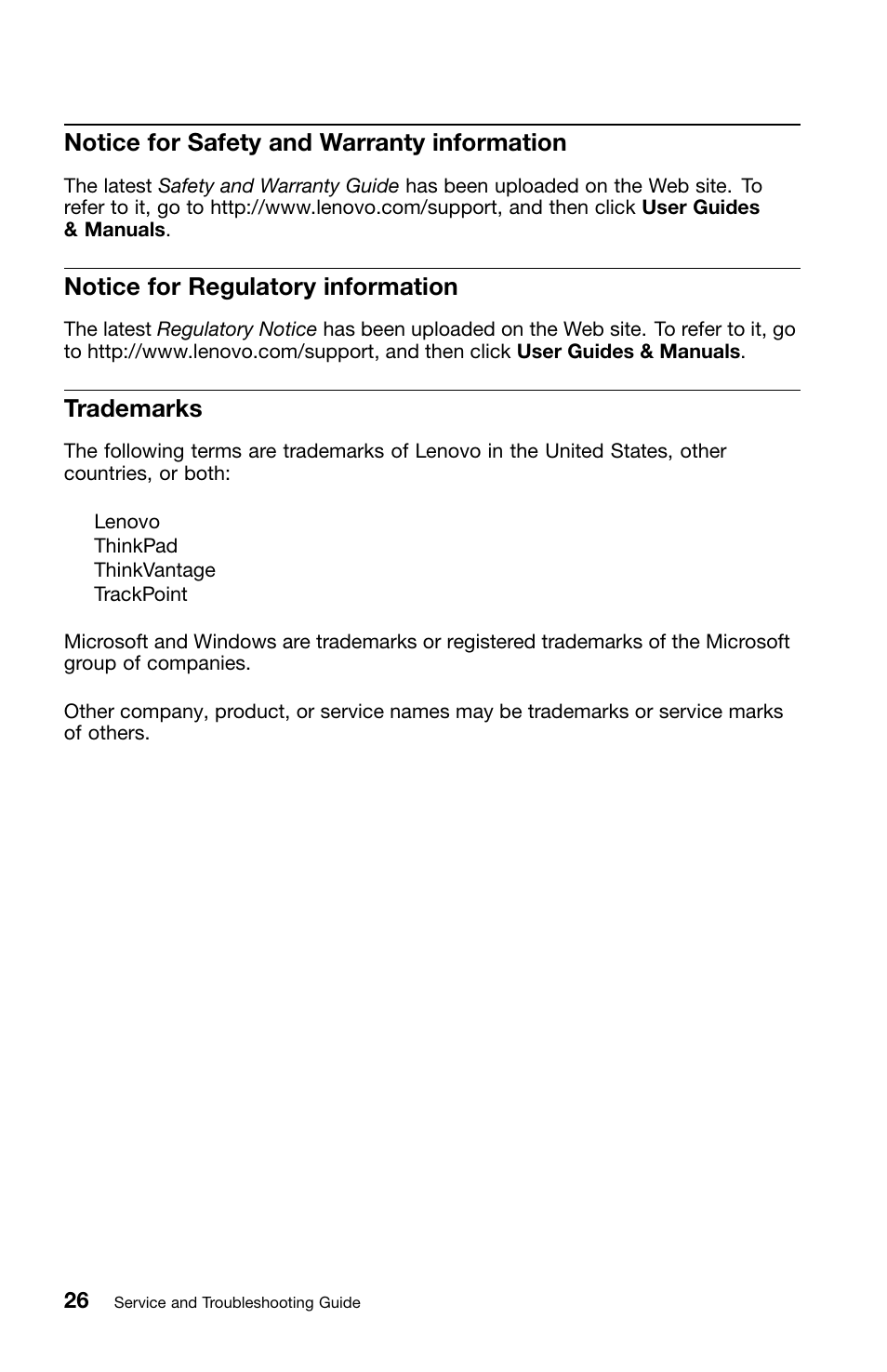 Notice for safety and warranty information, Notice for regulatory information, Trademarks | Lenovo ThinkPad Edge E50 User Manual | Page 38 / 40